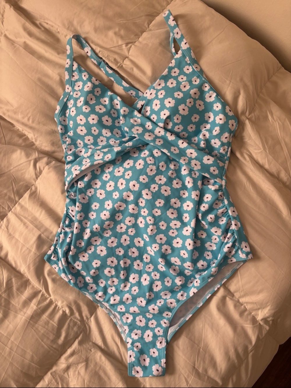 Floral One-Piece Maternity Swimsuit Bathing Suit in Aqua with White Flower Print